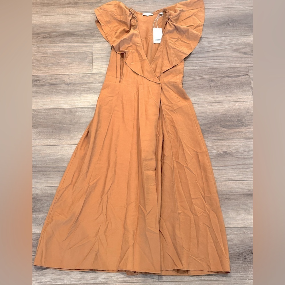 NWT! Vince Braid Trim Flutter Sleeve Wrap Dress in Copper Size Medium - Picture 10 of 11